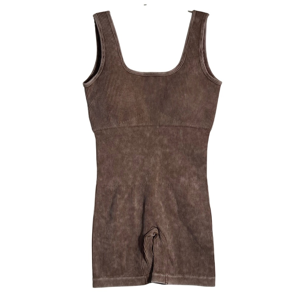 Zenana Seamless Ribbed Mineral Wash Romper Dark Camel NPW-6213A L/XL